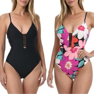 NWT La Blanca Reversible Floral and Black Women's One-Piece Swimsuit Size 10